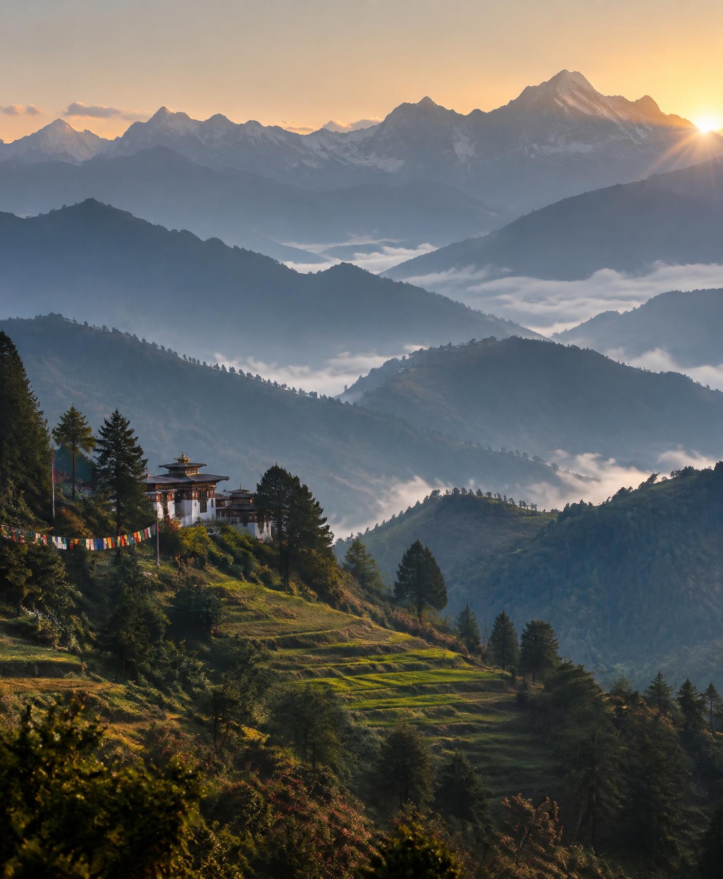 Layered Bhutanese mountain ridges above a valley of cloud at sunrise