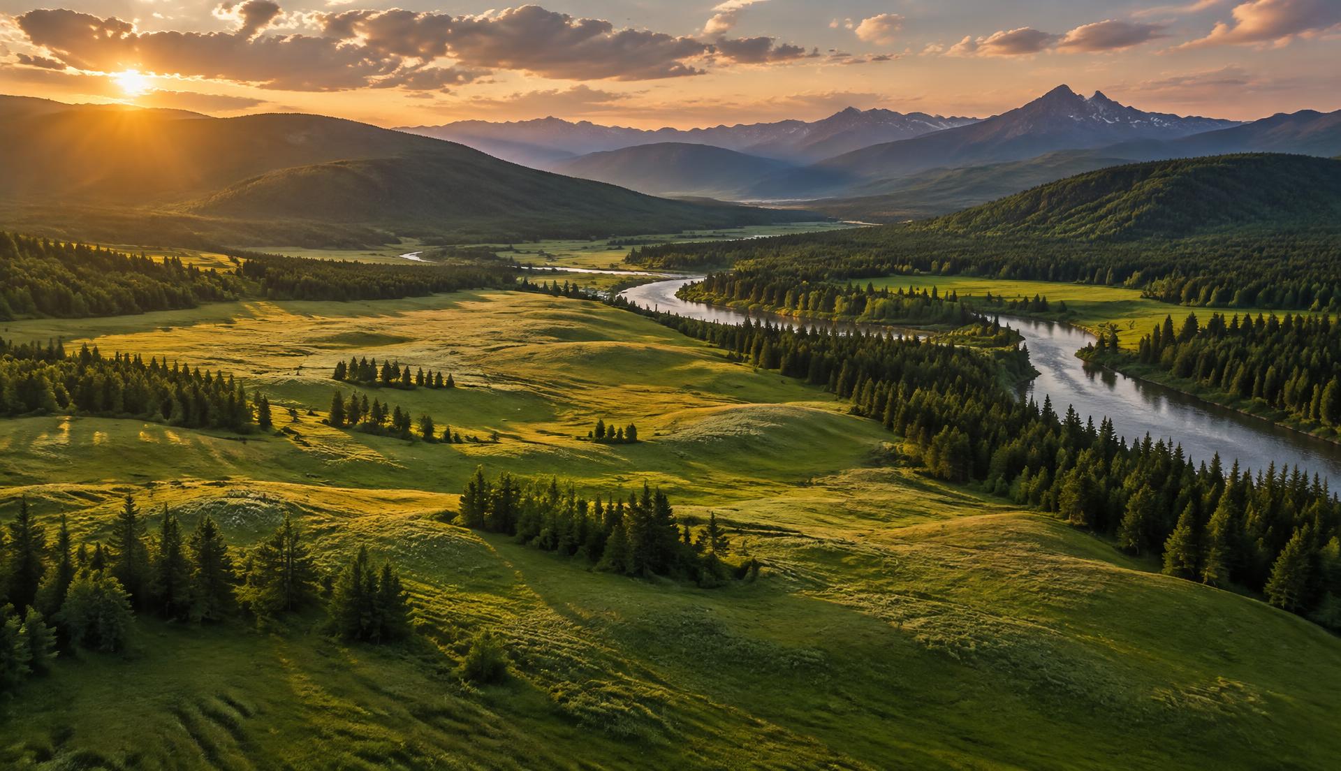 Open highland meadow beside forest and a river at golden hour