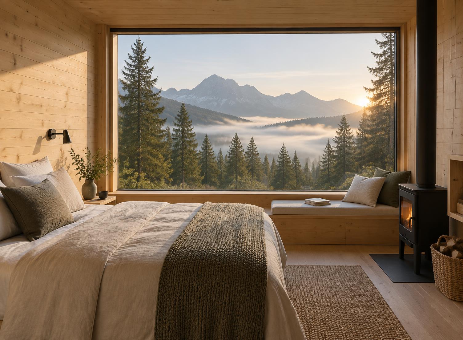 Concept visual of a tiny-home interior with timber walls and a picture window framing misty mountains
